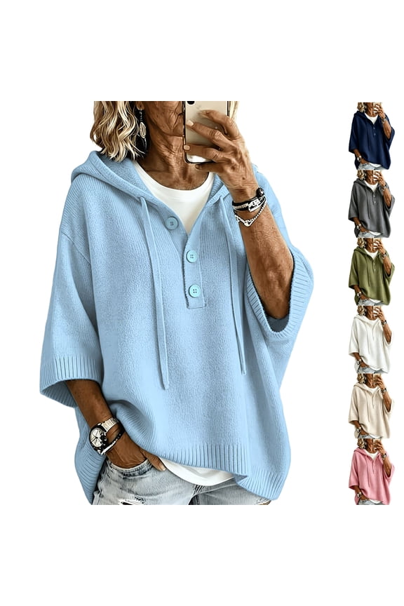 Women's Hooded Drawstring Button Sweater 3/4 Sleeve Loose Fit Casual Top, Soft Lightweight Pullover for Everyday Style Navy XXL