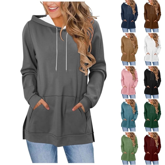 Women's Hooded Drawstring Pocket Long Sleeve Top Hoodie Sweatshirt Solid Color Classic Slit Hem Casual Loose Fit Warm Fall Winter Fashion | CSEONE,Dark Gray XL