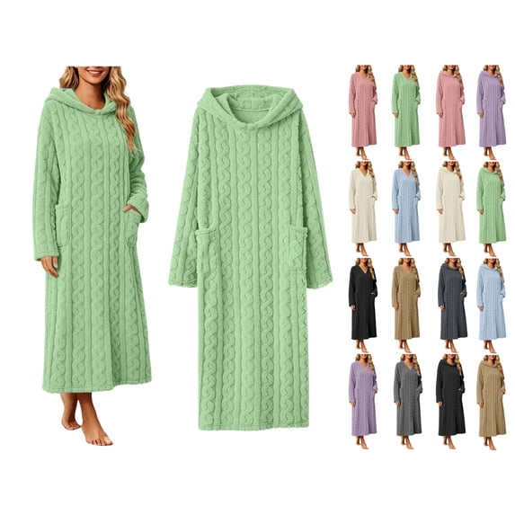 Women's Hooded Fleece Bathrobe Long Sleeve Cable Knit Textured Robe with Pockets Cozy Homewear for Fall Winter