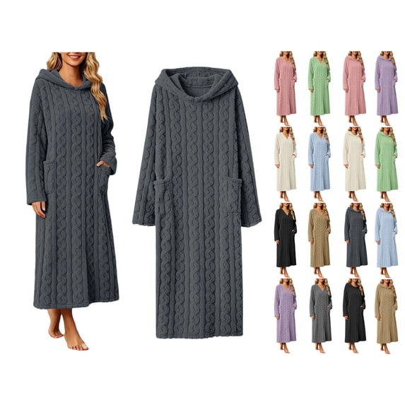 Women's Hooded Fleece Bathrobe Long Sleeve Cable Knit Textured Robe with Pockets Cozy Homewear for Fall Winter