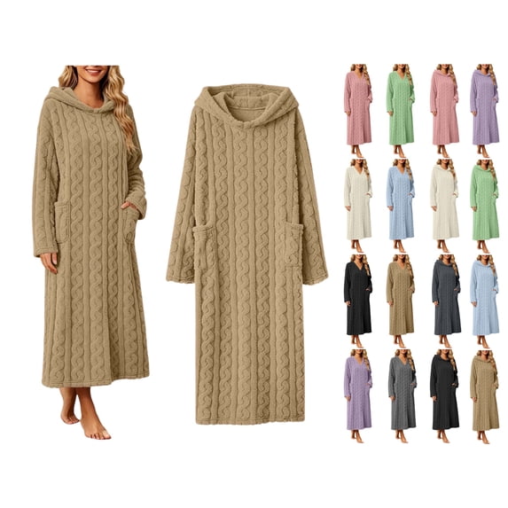 Women's Hooded Fleece Bathrobe Long Sleeve Cable Knit Textured Robe with Pockets Cozy Homewear for Fall Winter