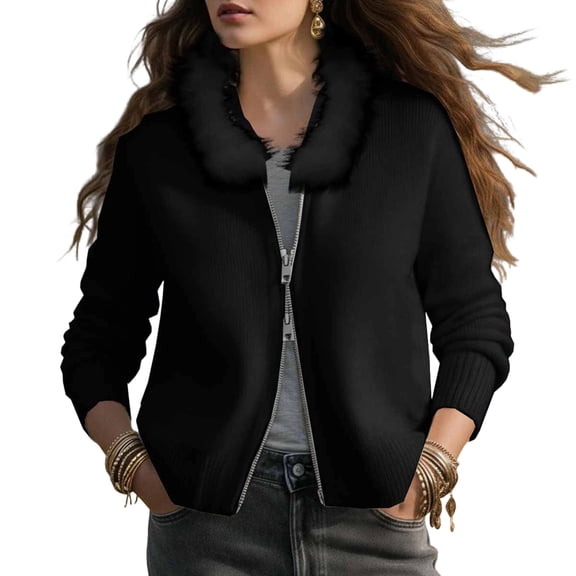 Women's Hooded Fleece Cardigan - Soft Fur Collar Sweater Jacket, Casual Warm Outerwear, Black