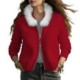 thumbnail image 1 of Women's Hooded Fleece Cardigan - Soft Fur Collar Sweater Jacket, Casual Warm Outerwear, Red, 1 of 4