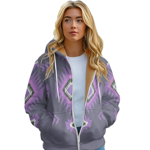 Women's Hooded Jacket Thickened Fleece Full Zip Sweatshirt Retro Geometric Printed Warm Outerwear