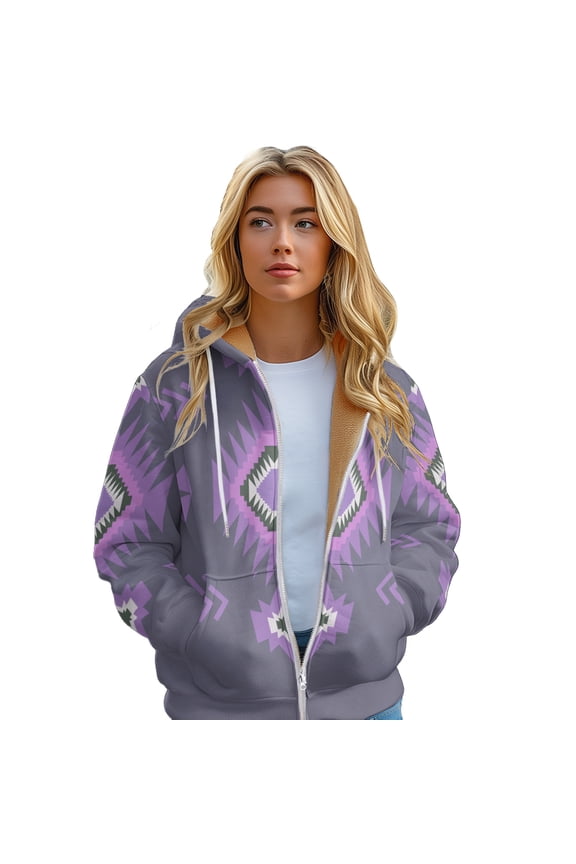 Women's Hooded Jacket Thickened Fleece Full Zip Sweatshirt Retro Geometric Printed Warm Outerwear