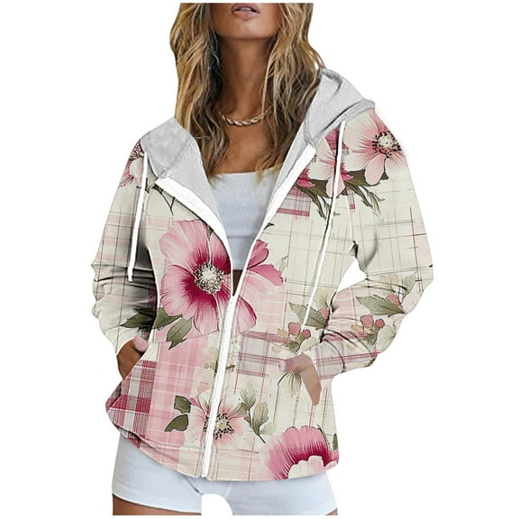 Women's Hooded Jackets Front Zipper Drawstring Long Sleeve Print Cardigan Casual Stylish Cute Outwear With Pockets (XXL, Pink)