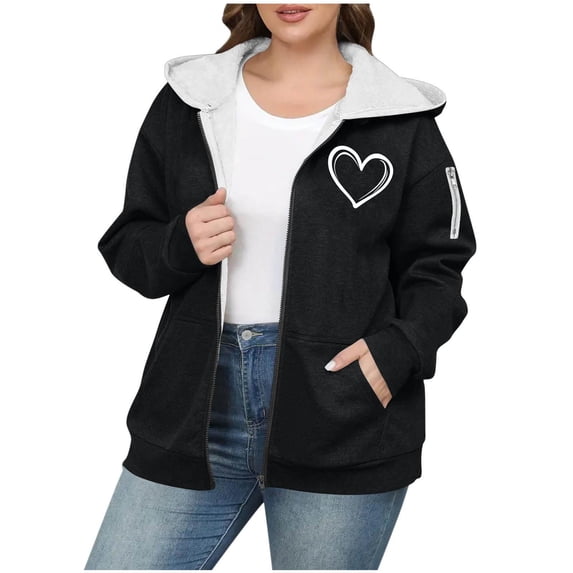 Women's Hooded Jackets Full Zip Heart Graphic Print Cardiagan Plus Size Thicken Thermal Sweatshirts Outwear With Pockets (XXL, Black)