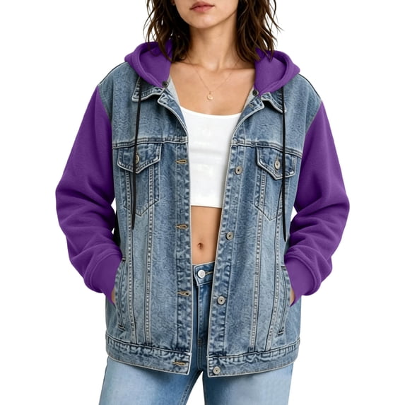 Women's Hooded Jeans Jackets - Drawstring Button up Denim Hoodie with Pockets Patchwork Long Sleeve Fall Sweatshirt with Hood, M