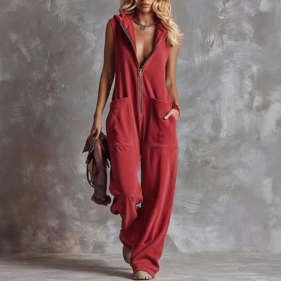 Women's Hooded Jumpsuit, Long Sleeve Front Zipper Romper with Pockets, Wide Leg Casual One Piece Outfit, Retro Sporty Streetwear and Loungewear-Red