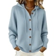 thumbnail image 1 of Women's Hooded Knit Cardigan Button Up with Drawstring Ties | Hooded Pullover with a Full-button Front, Intended for Cooler Weather Layering, Light Blue, L, 1 of 4