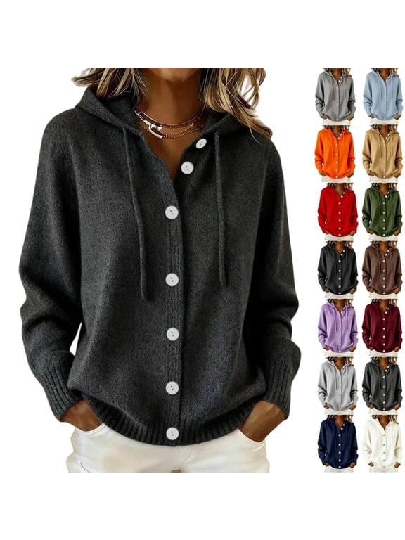 Women's Hooded Knit Cardigan Button Up With Drawstring Ties Hooded Pullover With A Full-Button Front,Intended For Cooler Weather Layering
