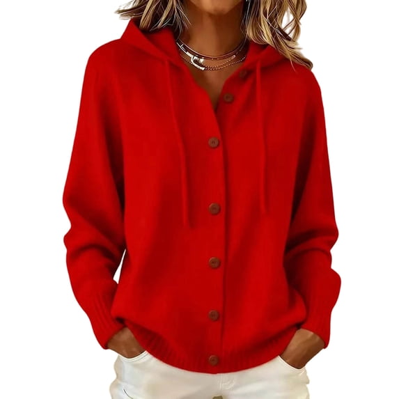 Women's Hooded Knit Cardigan Button Up with Drawstring Ties | Hooded Pullover with a Full-button Front, Intended for Cooler Weather Layering, Red, XL