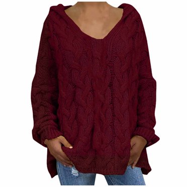 Women's Hooded Knitted Sweater V Neck Cable Crochet Tops Long Sleeve Solid Color Casual Loose Stretchy Comfy Sweater Tops
