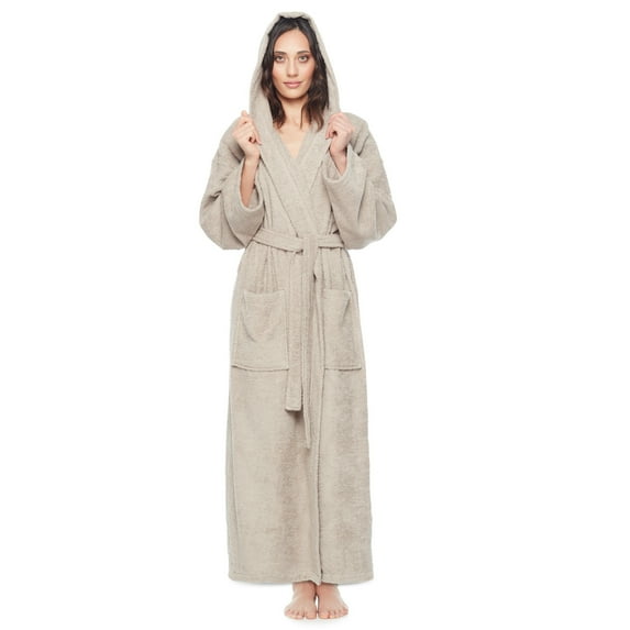 Women's Hooded Long Bathrobe Terry Cotton - Full Ankle Length Spa Robe Latte - S/M