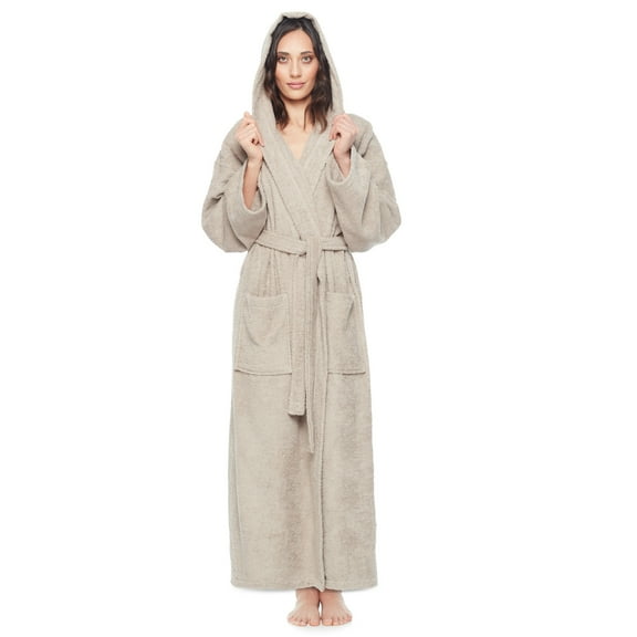 Women's Hooded Long Bathrobe Terry Cotton - Full Ankle Length Spa Robe Latte - XS