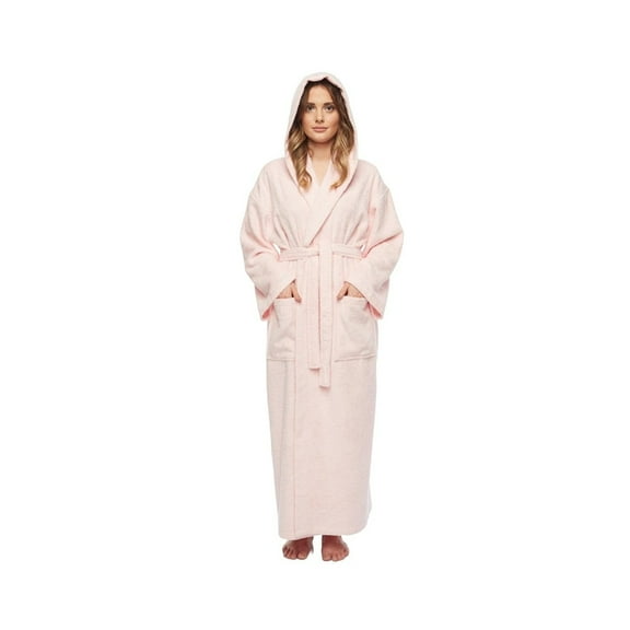 Women's Hooded Long Bathrobe Terry Cotton - Full Ankle Length Spa Robe Pink - XS