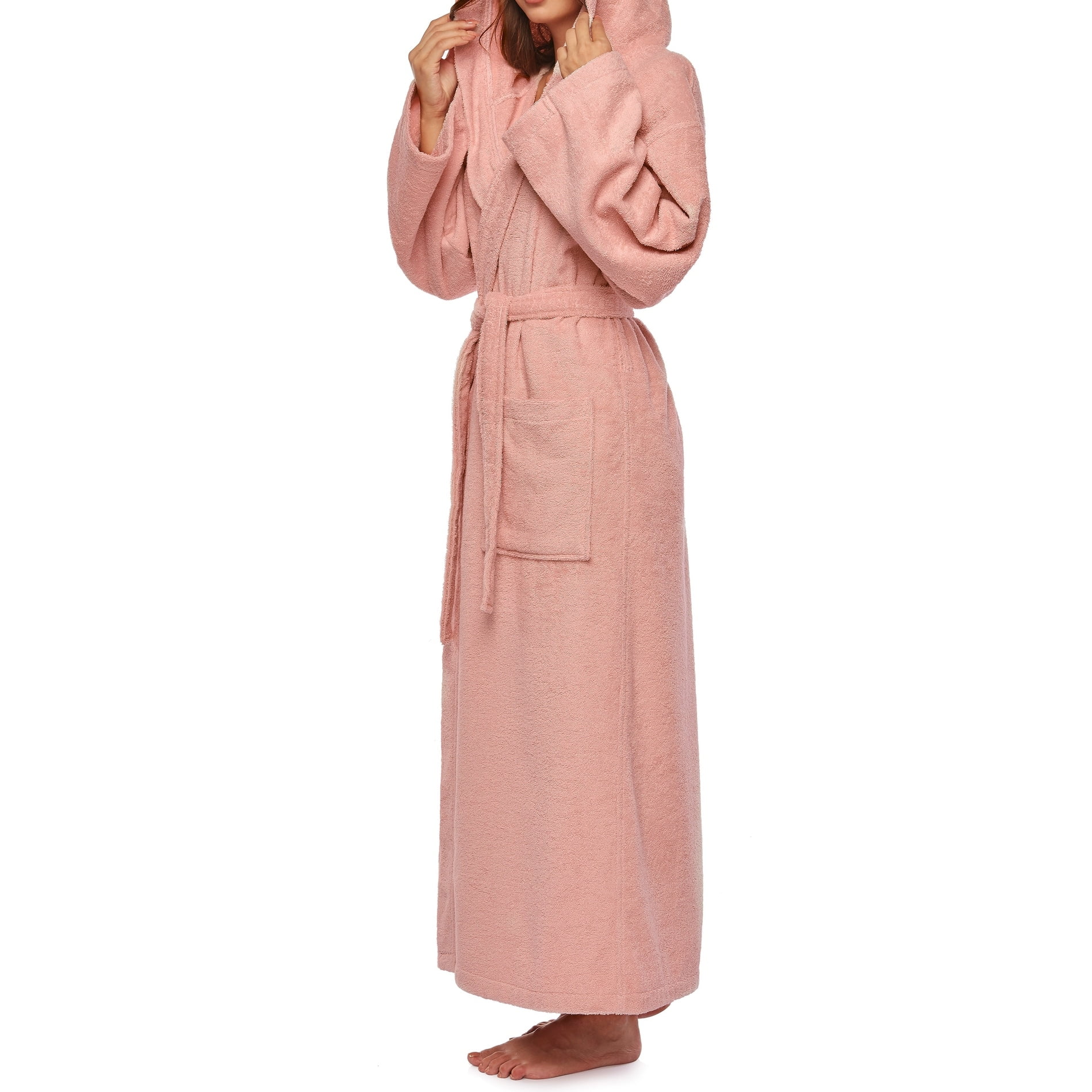Powder Pink Hooded Cotton Terry Cloth Ankle Length Bathrobe - S/M