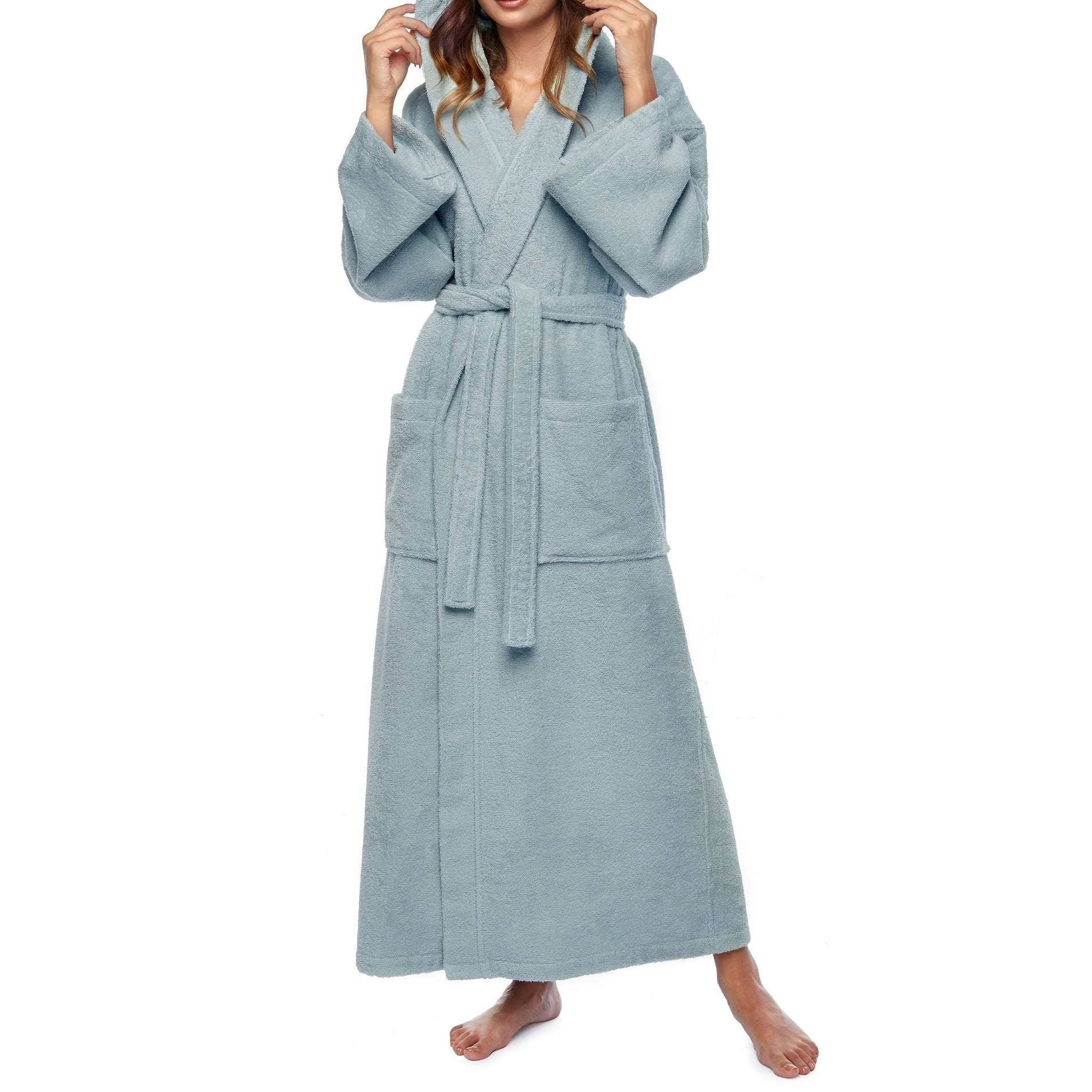 Seafoam Green Hooded Terry Cotton Ankle-Length Bathrobe S/M
