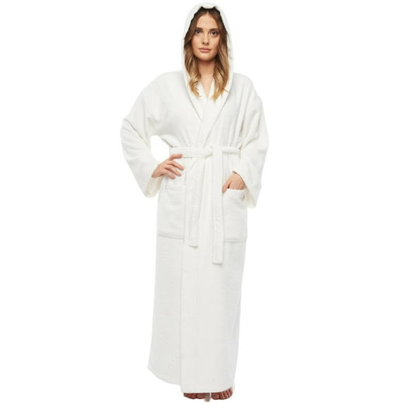 Women's Hooded Long Bathrobe Terry Cotton - Full Ankle Length Spa Robe White - S/M