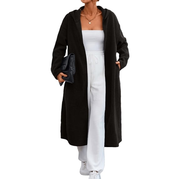 Women's Hooded Long Cardigans Open Front Long Sleeve Cardigan Fall Casual Loose Lightweight Jacket Coat with Pockets