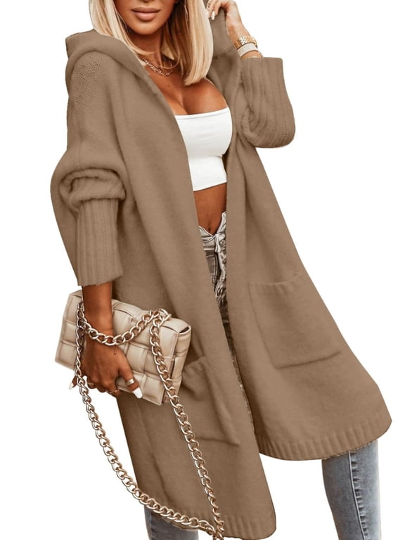 Women's Hooded Long Knit Cardigan Open Front Loose Sweater Coat with Pockets