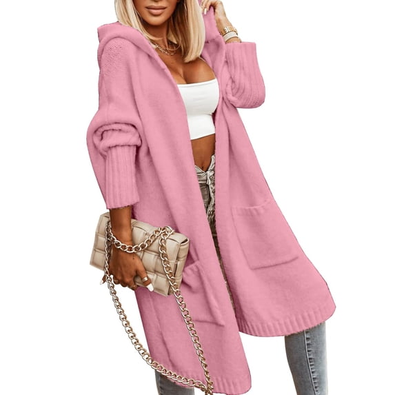 Women's Hooded Long Knit Cardigan Open Front Loose Sweater Coat with Pockets