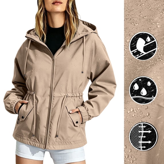 Women’s Hooded Long Packable Rain Trench Coat, Lightweight Waterproof Windproof Outdoor Rain Jacket Khaki XXXL