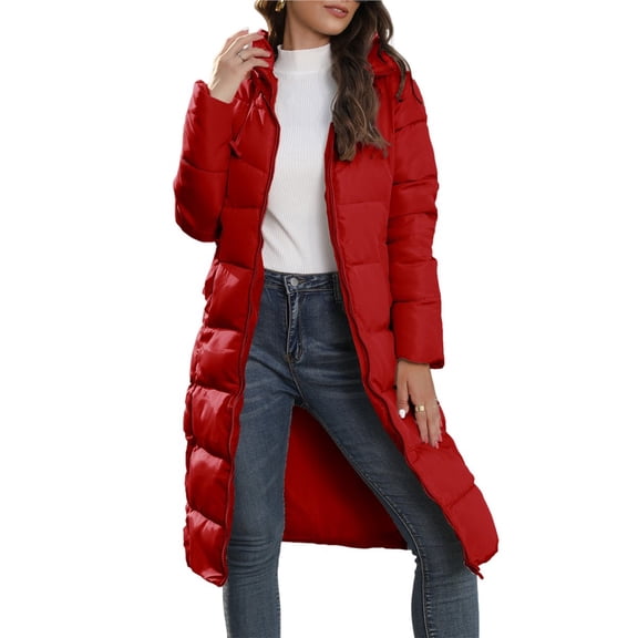 Women's Hooded Long Puffer Coat Winter Warm Full Zip Quilted Jacket with Pockets Red L