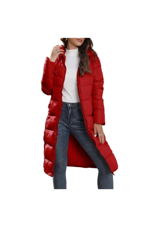 Women's Hooded Long Puffer Coat Winter Warm Full Zip Quilted Jacket with Pockets Red S