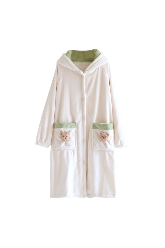 Women's Hooded Long Robe with Bear Pockets Fleece Lined Soft Plush Sleepwear Loungewear Cozy Warm Winter Nightgown House Coat