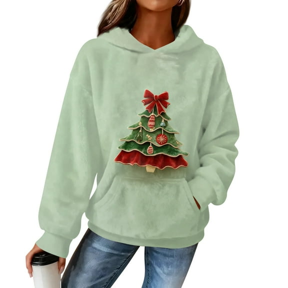 Women's Hooded Long Sleeve Christmas Printed Flannel Top Hooded Sweatshirt for Winter Comfort and Holiday Fashion,Green,S