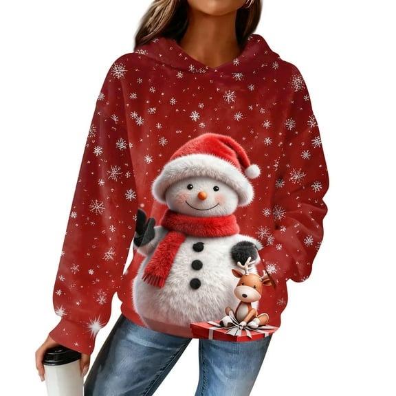 Women's Hooded Long Sleeve Christmas Printed Flannel Top Hooded Sweatshirt for Winter Comfort and Holiday Fashion,Multicolor,L