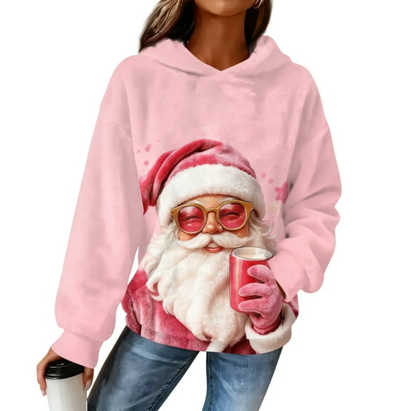 Women's Hooded Long Sleeve Christmas Printed Flannel Top Hooded Sweatshirt for Winter Comfort and Holiday Fashion,Pink,XL