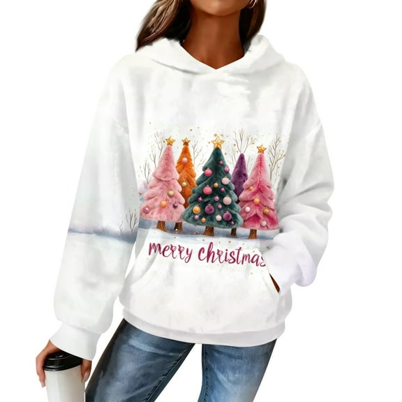 Women's Hooded Long Sleeve Christmas Printed Flannel Top Hooded Sweatshirt for Winter Comfort and Holiday Fashion,White,2XL