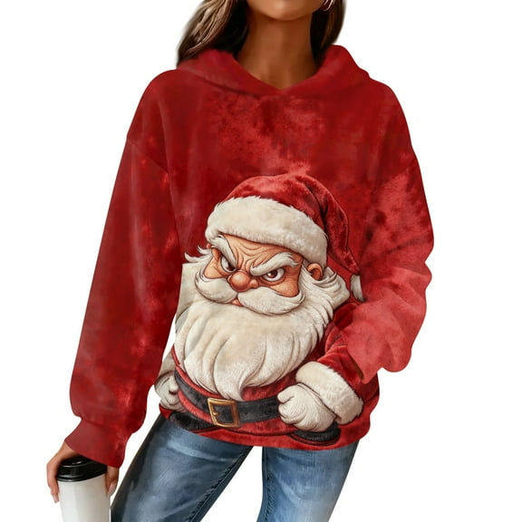 Women's Hooded Long Sleeve Christmas Printed Flannel Top Hooded Sweatshirt for Winter Comfort and Holiday Fashion,Wine,XL