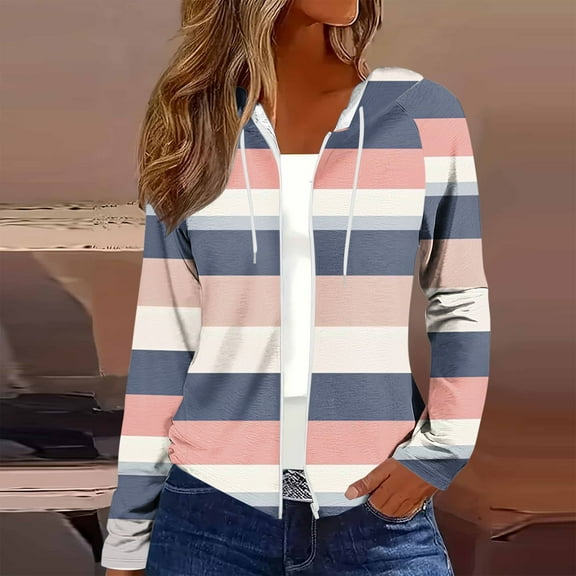 Women's Hooded Long Sleeve Jacket Casual Zip Up Cardigan Sweatshirt Fall Winter Fashion Printed Outfits Tops Loose Outwear Top with Pocket