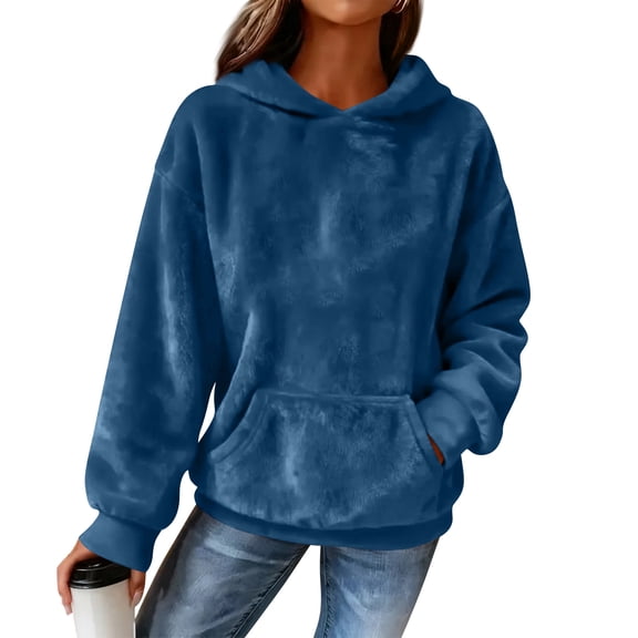 Women's Hooded Long Sleeve Printed Flannel Top Hooded Sweatshirt for Casual and Warm Fall and Winter Seasons,Blue,L