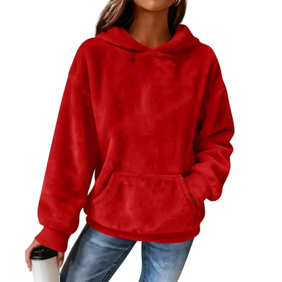 Women's Hooded Long Sleeve Printed Flannel Top Hooded Sweatshirt for Casual and Warm Fall and Winter Seasons,Red,S
