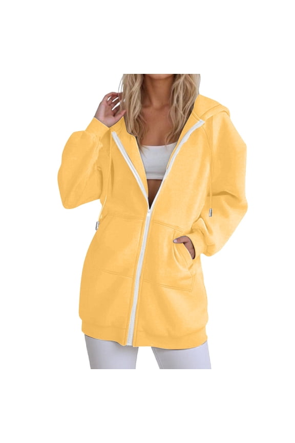 Women's Hooded Longline Zip-Up Cardigan, Casual Hooded Winter Longline Cardigan Hooded Zip-Up Cardigan with Pockets Sweat Jackets for Women Fleece Swing Cardigan with Hood, Yellow 3XL