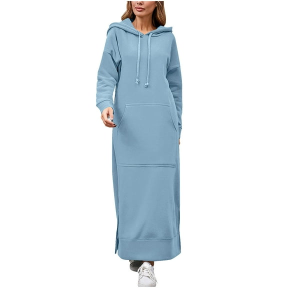 Women's Hooded Maxi Sweatshirt Dress, Long Sleeve Loose Fit Pullover with Side Slits & Kangaroo Pocket, Casual Comfortable Dresses, Fashion Trendy Loungewear, Fall Winter Outfits