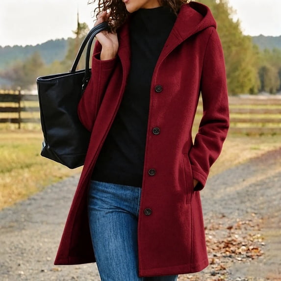 Women's Hooded Mid Length Jacket Button Up with Pockets Long Sleeve Casual Coat