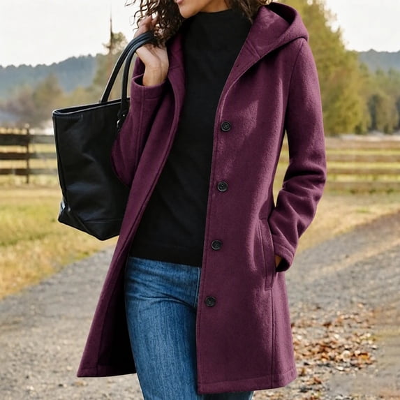 Women's Hooded Mid Length Jacket Button Up with Pockets Long Sleeve Casual Coat