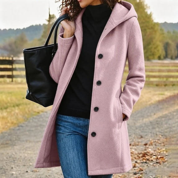 Women's Hooded Mid Length Jacket Button Up with Pockets Long Sleeve Casual Coat