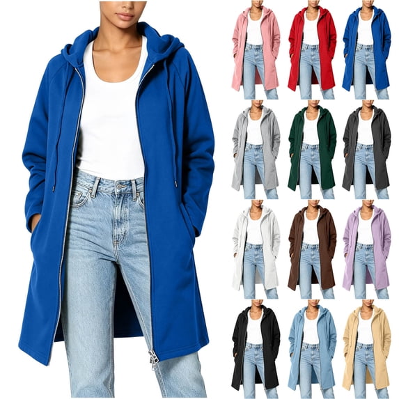 Women's Hooded Mid Length Zip up Sweatshirt Jacket, Raglan Sleeve Loose Casual Long Sleeve Cardigan Coat with Pockets Fall Winter Outwear Blue XL