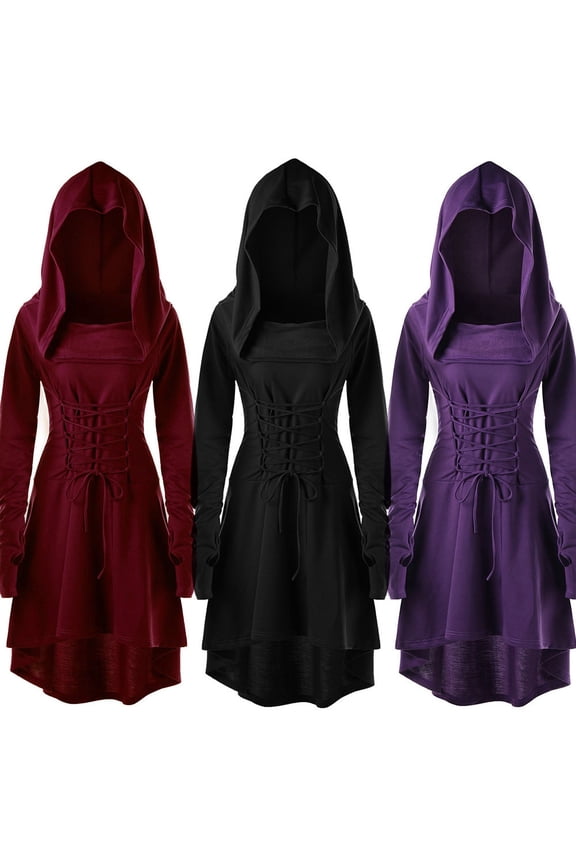 Women's Hooded Mini Dresses Long Sleeve Costumes Lace Up Hooded Vintage Pullover High Low Bandage Long Dress Cloak Summer Dress Blue S-4XL