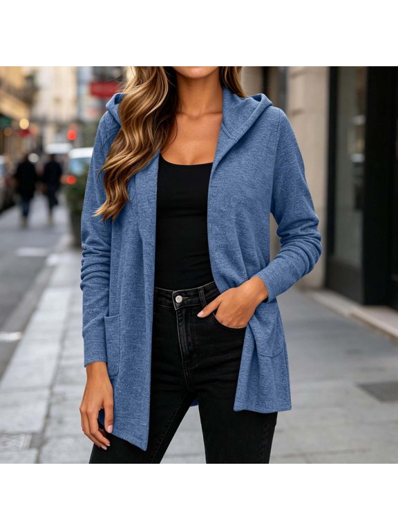 Women's Hooded Open Front Cardigan with Patch Pockets Long Sleeve Relaxed Fit Layer Cardigans for Women Blue M