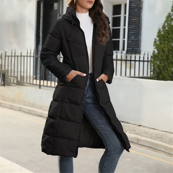 Women's Hooded Packable Puffer Coat, Slim Fit Winter Jacket, Lightweight Down Alternative Coat, Mid-Length Travel Coat, Windproof Quilted Jacket Black L