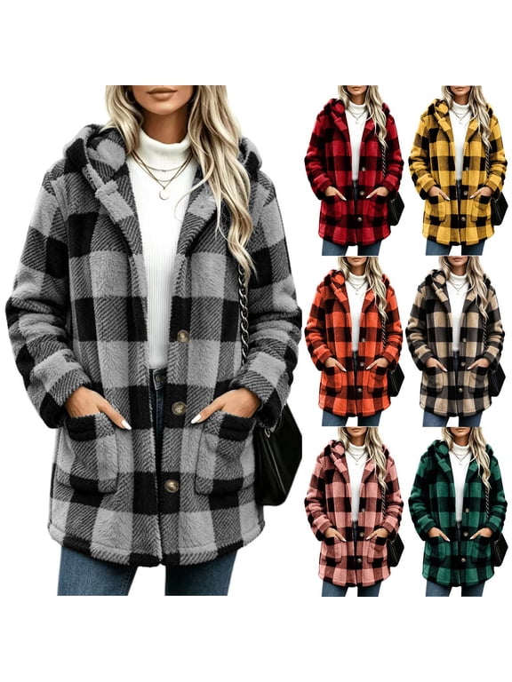 Women's Hooded Plaid Fall Shacket Lightweight Oversized Button Down Winter Shirt Coat Loose Fit Casual Soft Warm Outerwear with Pockets
