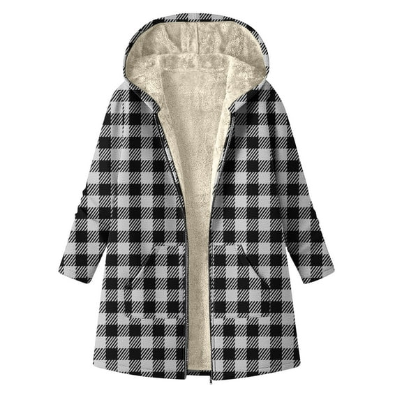 Women's Hooded Plaid Fleece Front Zip Sherpa Liner Long Cardigan Thermal Casual Winter Outwera With Pockets (M, Gray-A)