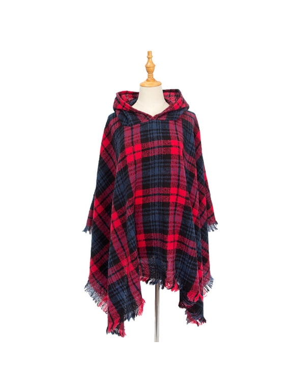 Women's Hooded Plaid Scarf Blanket Wrap Oversized Chunky Scarves Tartan Shawls Asymmetrical Fringe Scarf Cape